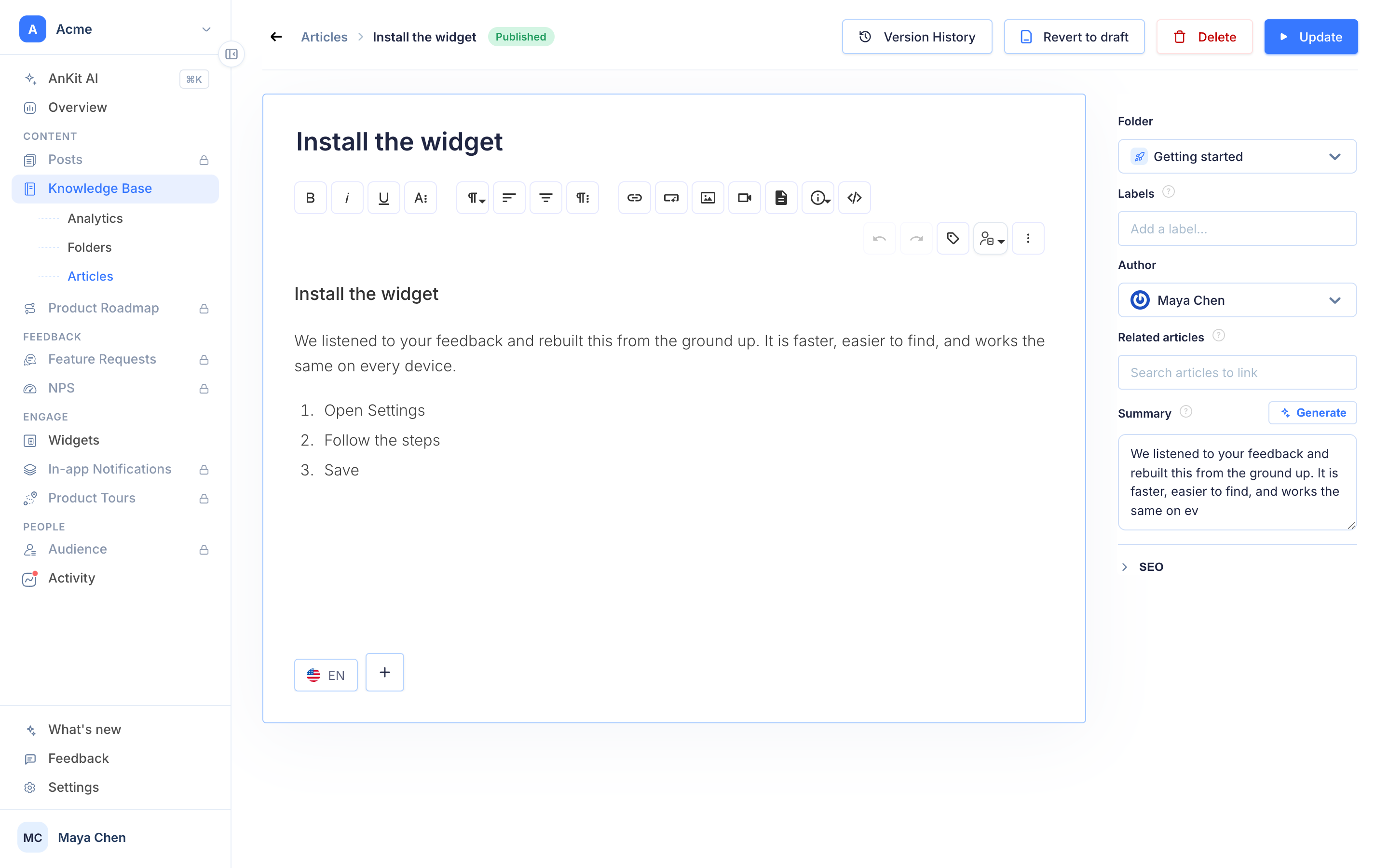 The article editor with title, folder, labels, SEO fields, publish controls and revision history