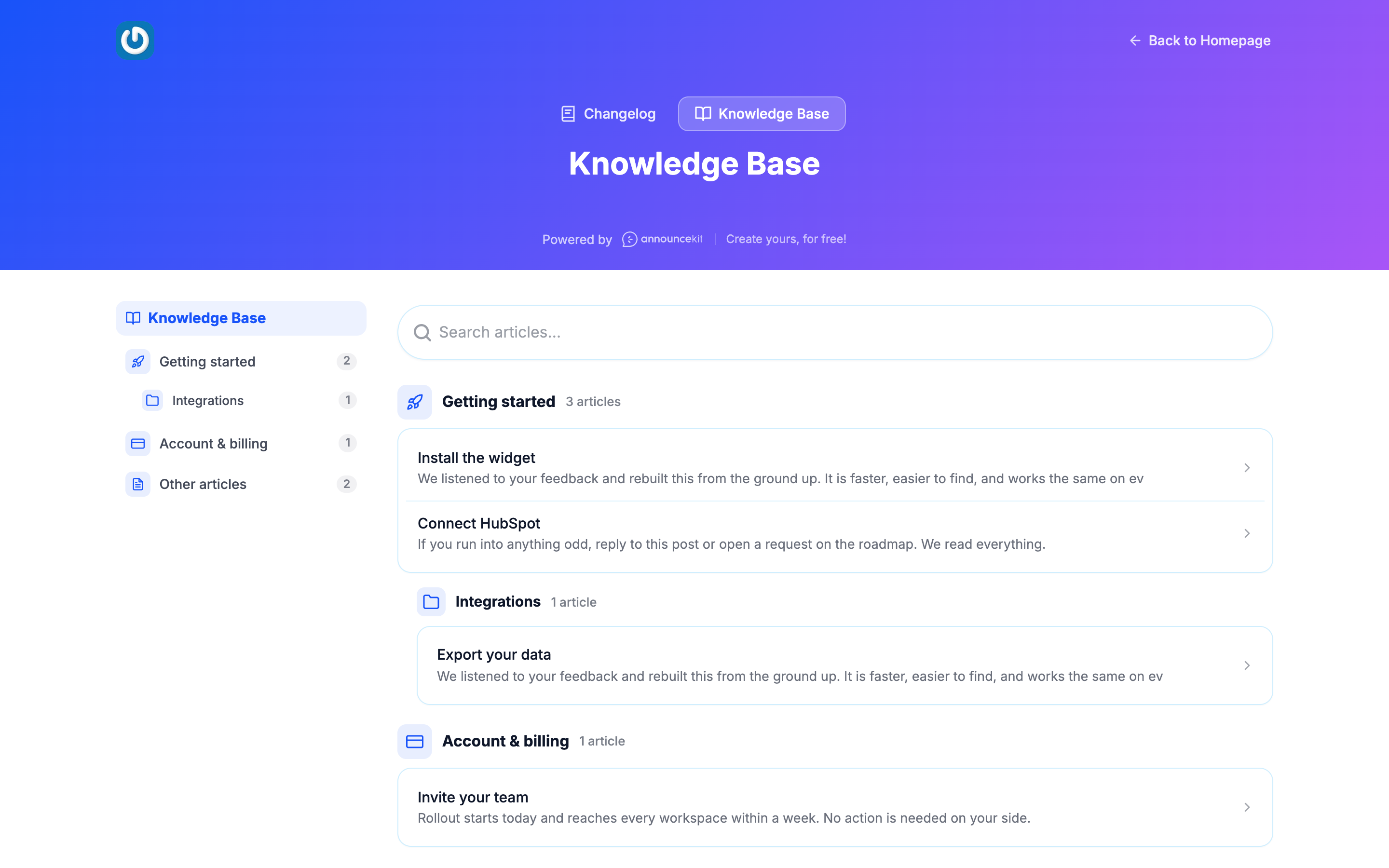 An AnnounceKit help center: folder navigation on the left, search box and article list on the right, next to the changelog tab