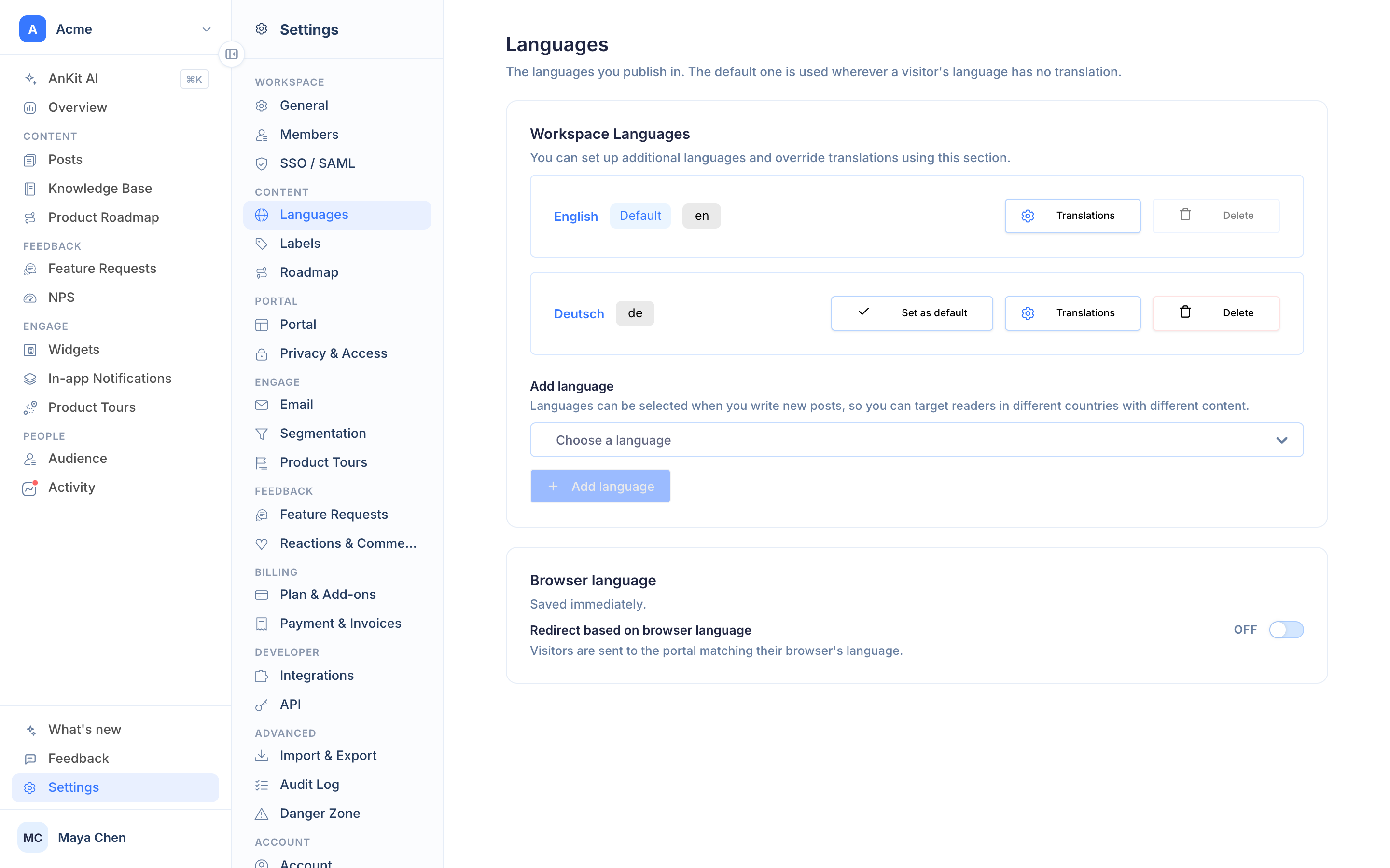Settings › Languages with the default language and the additional languages a workspace publishes in