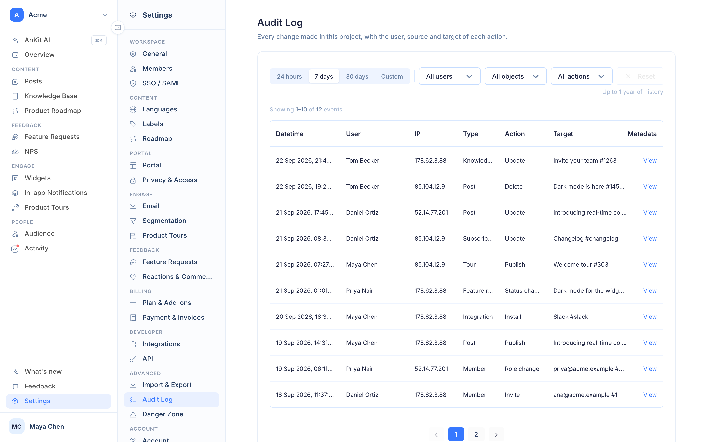 Settings › Audit Log: a table of changes with date, user, IP, type, action and target, filtered by range, user, object and action