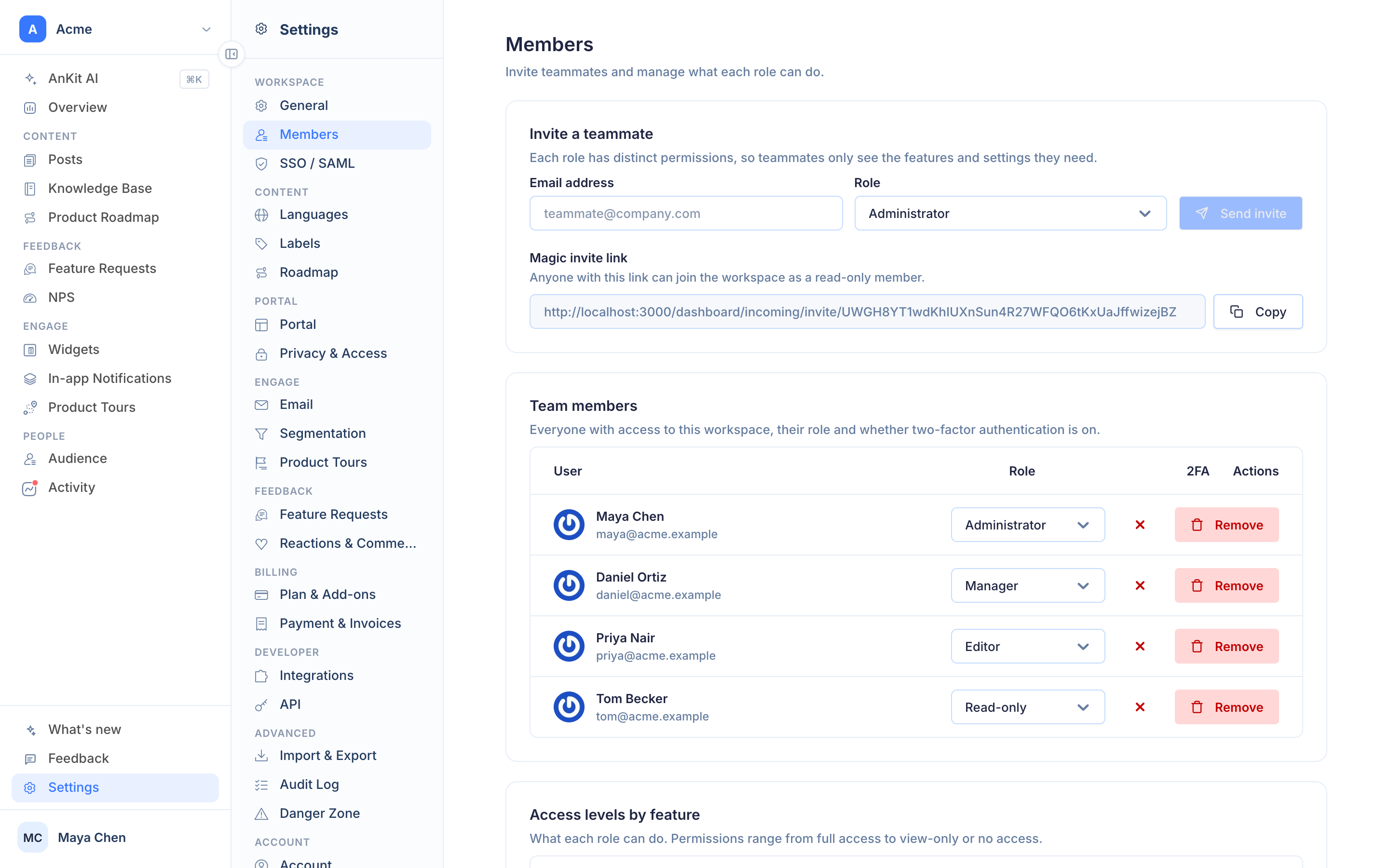 Settings › Members: invite a teammate with a role, the team list with role and two-factor status per member