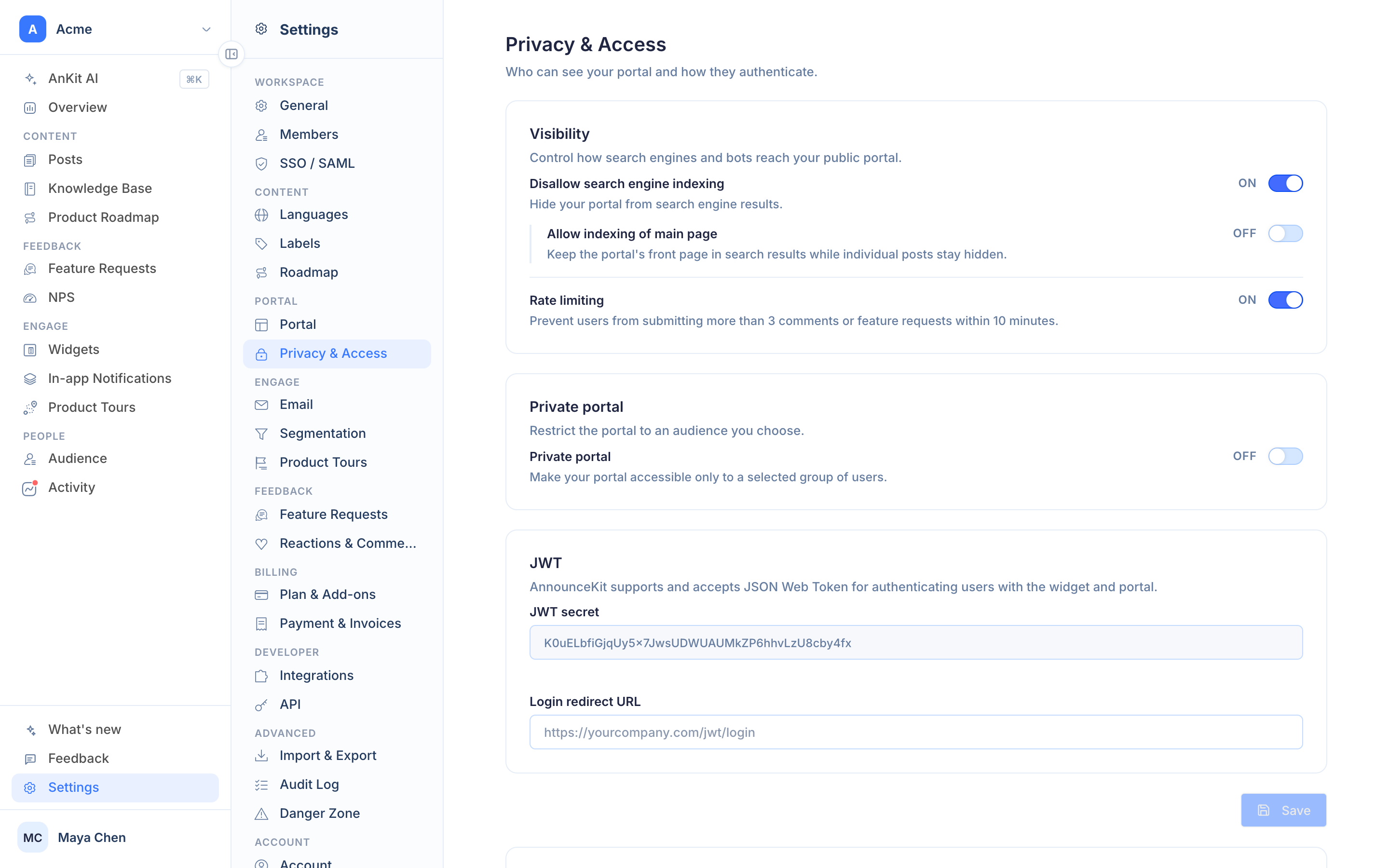 Settings › Privacy & Access: password protection and JWT authentication for the portal and widgets