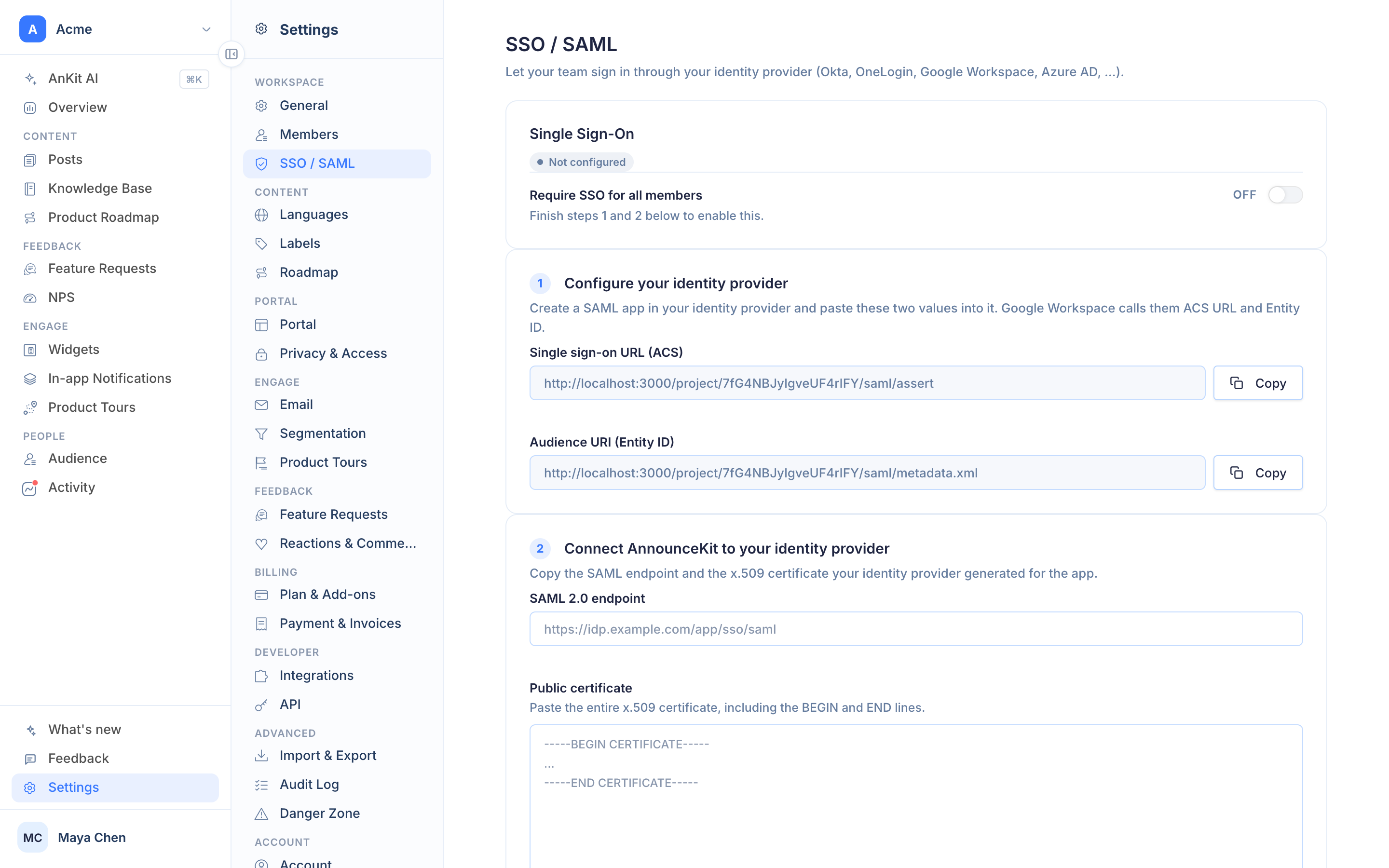 Settings › SSO / SAML with the identity provider configuration and the enforce-SSO switch